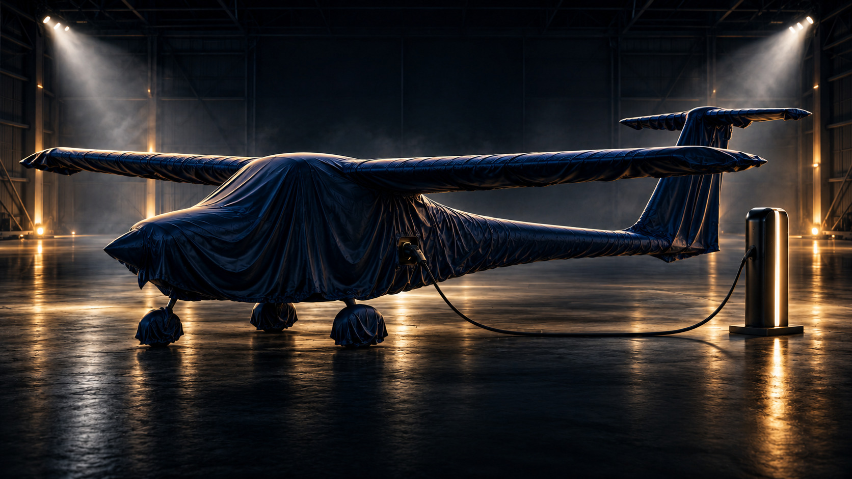 Visualisierung einer verhüllten Pipistrel Velis Electro mit T-Leitwerk, angeschlossen an eine Ladestation im Scheinwerferlicht eines dunklen Hangars